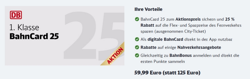 Bahncard 25 First bis 30.09.2026 mit über 50% Ersparnis