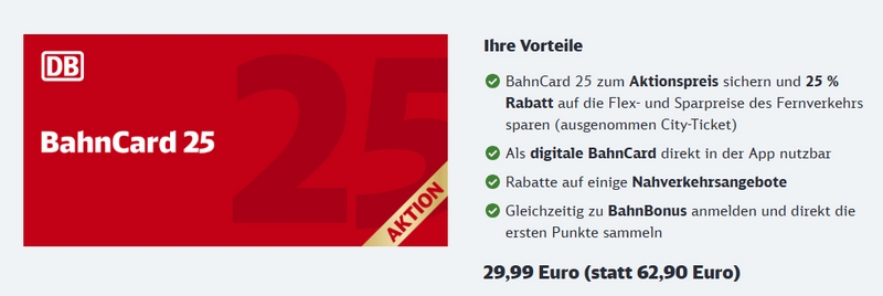 Bahncard 25 bis 30.09.2026 mit über 50% Ersparnis